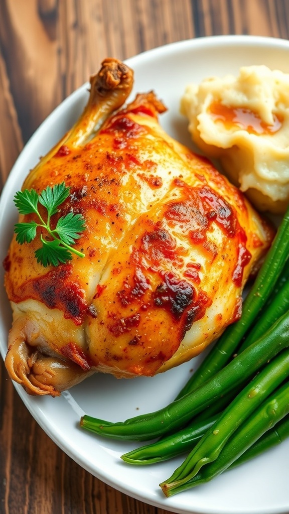 Baked onion soup mix chicken served with mashed potatoes and green beans on a rustic table.